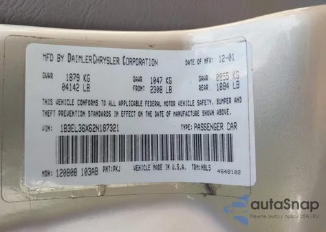 2002 Dodge Stratus Se z USA, uszkodzony, nr VIN 1B3EL36X62N187321